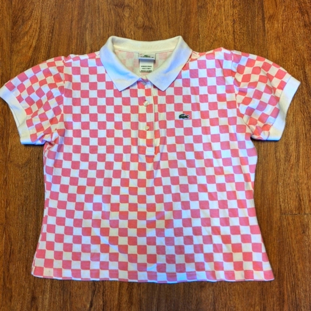 New 'LACOSTE' Pink and White Checkered Shirt- Made in France- Sz 40 (USA - 8)